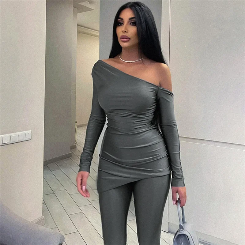 Women Solid 2 Piece Set Tracksuits Sexy Inclined Shoulder Full Sleeve Ruched Long Tops Leggings Pants Casual Street Jogger Suits