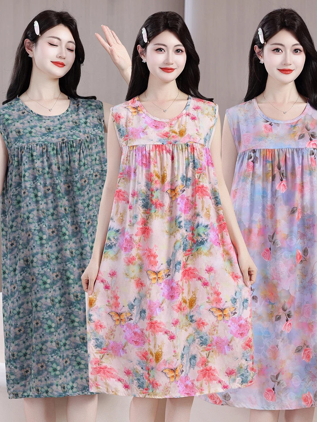 

Summer New Style Cotton Silk Sleep Dress Women's Sleeveless Thin Home Clothes Artificial Cotton Dress Can Be Worn outside Fas...
