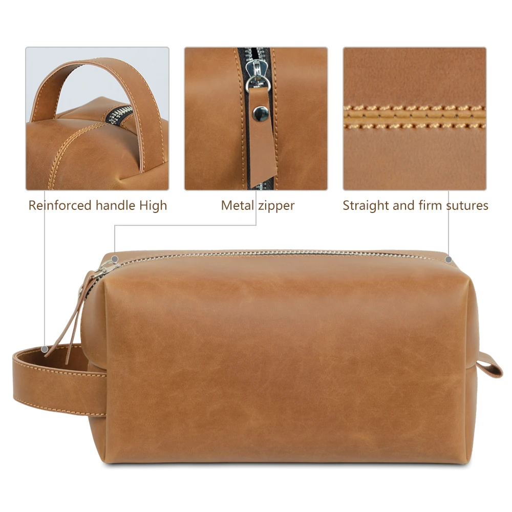 Custom Logo Business Portable Men\'S Leather Toiletry Bag Travel Dopp Kit Mens Hanging Hygiene Makeup Bag For Men Women