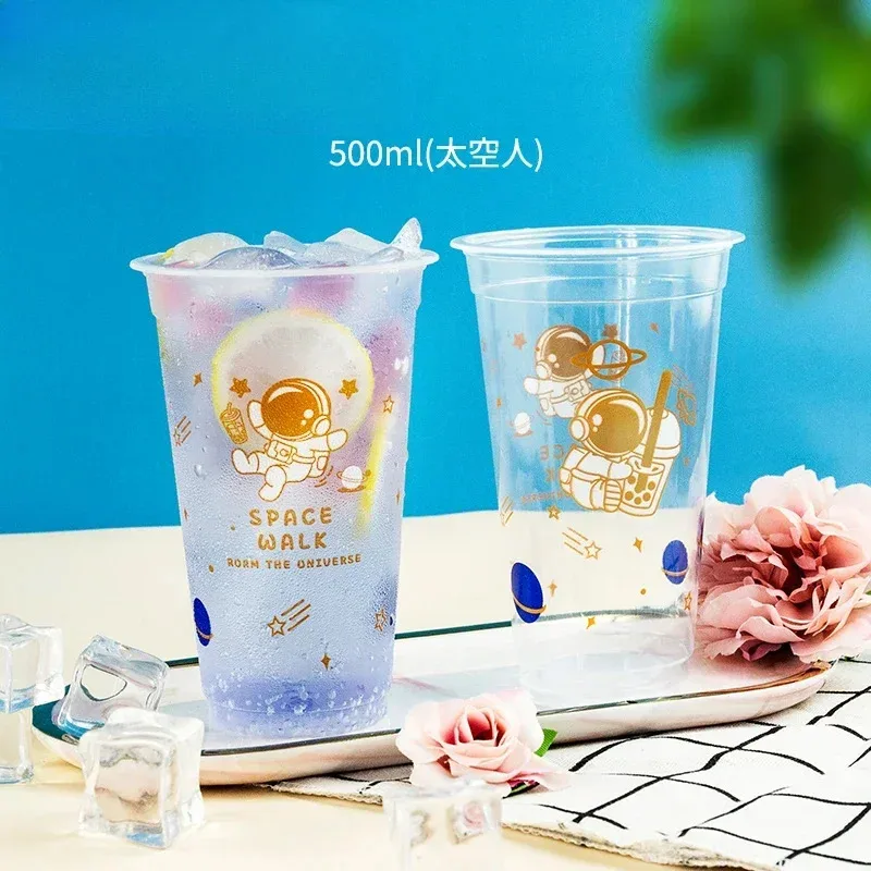 

TOPLIVING 100pcs Printed Disposable Plastic Cups 90 Caliber Milk Tea Juice Coffee Cup 500/700ml Hot Cold Beverage Packaging Cup