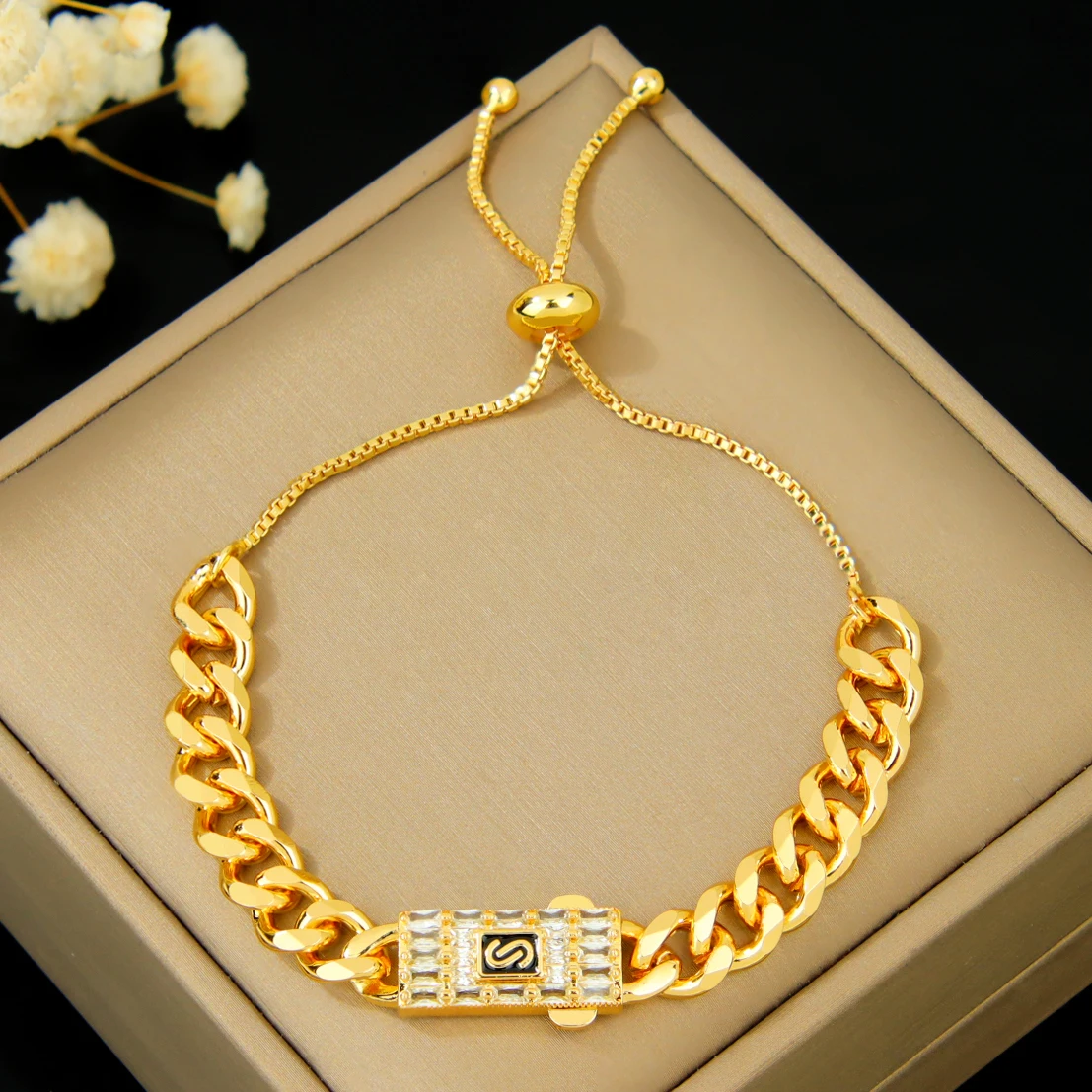 Italienisches Zirkonia Hip-Hop Armband 21k Vergoldet Dubai Punk Kubanisch Verstellbare Armbänder Arabische Muslimische Frauen Event Party Schmuck – Detail 8