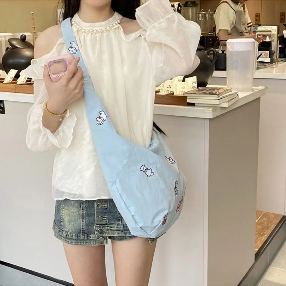 

Commuting Cartoon Shoulder Bag Large Capacity Sweet Puppy Embroidery Nylon Bag Korean Style Casual Messenger Bag Woman Girls