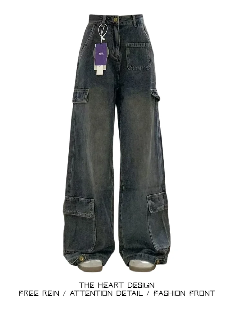 

American Retro Multi-Pocket Workwear Jeans Women's Autumn Winter Loose Wide Leg Pants High Street Design Sensation Slimming