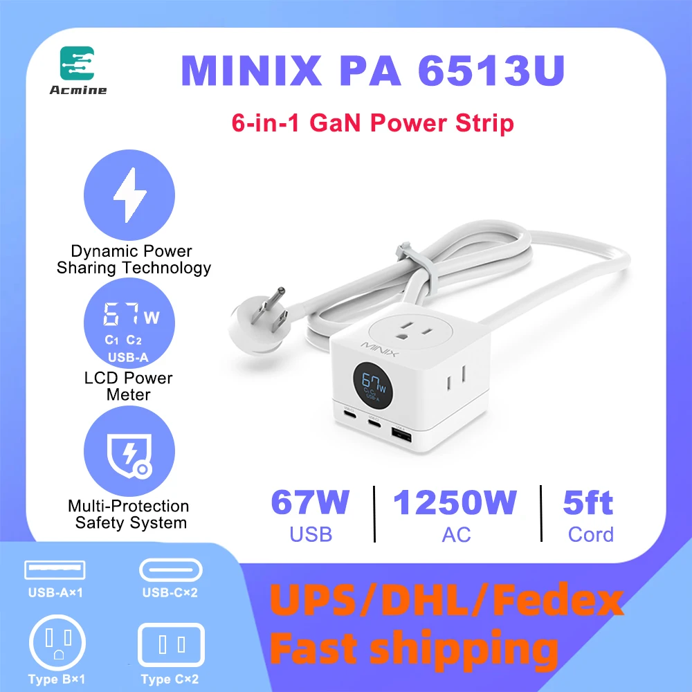 MINIX PA6513U 6-in-1 US GaN Power Strip Desktop Charger for Home Office Travel