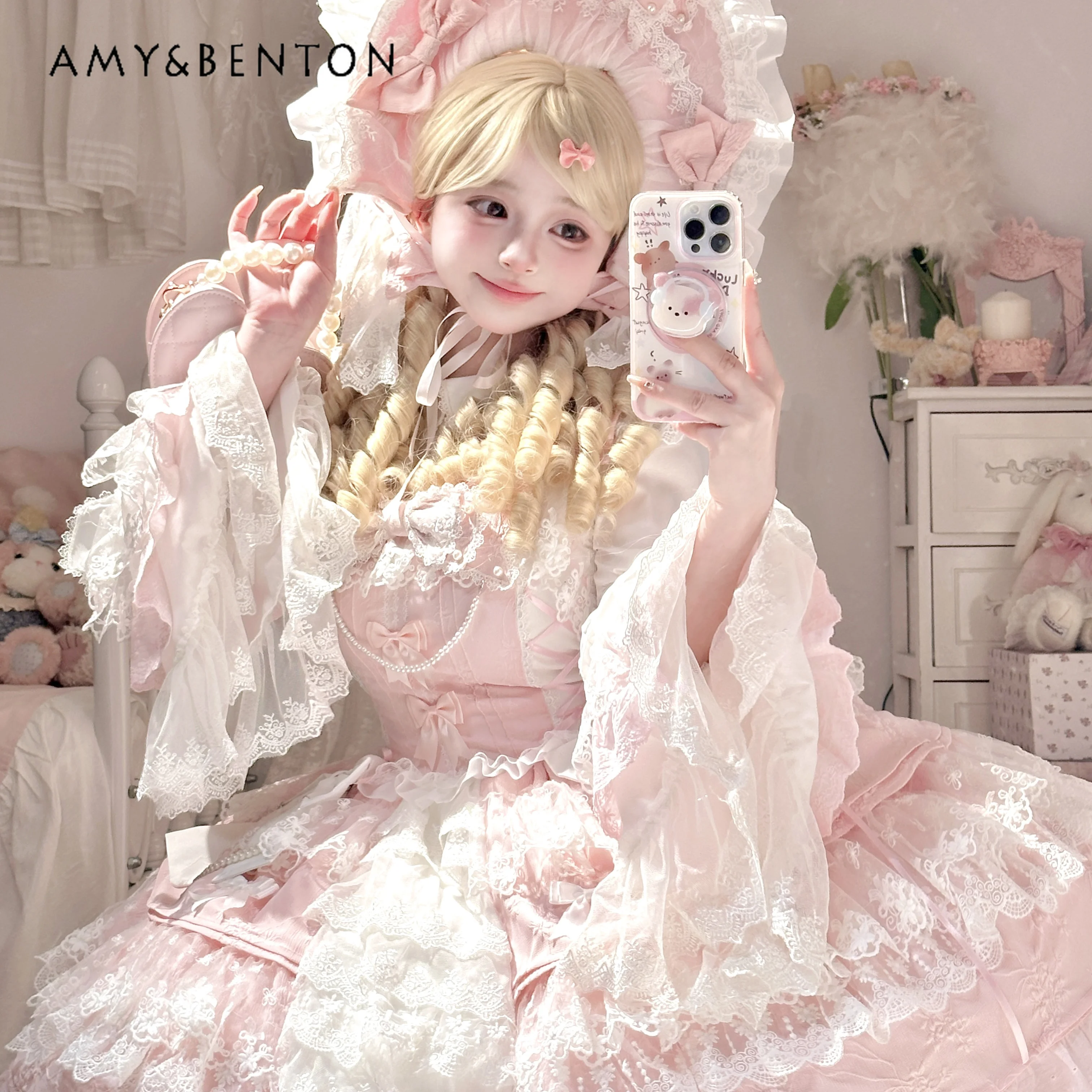 

2026 Summer New Sweet Banquet Gorgeous Pink Slim Fit Strap Dress White Long Sleeve Top with Tail Bow Lolita Outfit