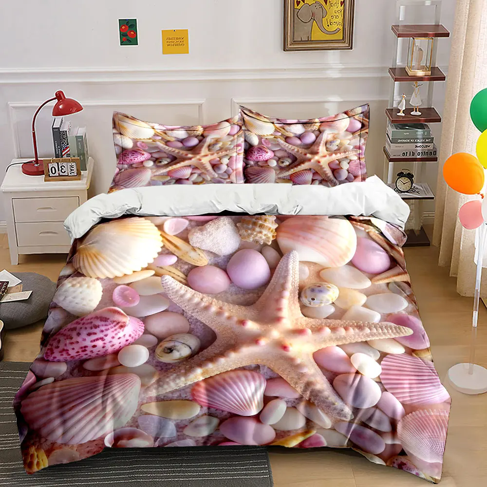Juego de funda nórdica con diseño de conchas marinas en forma de estrella y arena de colores, con diseño de impresión 3D, juego de ropa de cama de poliéster suave, confort para todas las estaciones