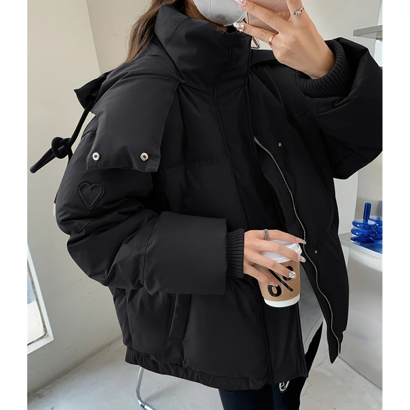 Down Jacket Women Coat Hooded Embroidery American Design Sense Y2K Style Duck Down Feather Female Black Winter Short Outwear