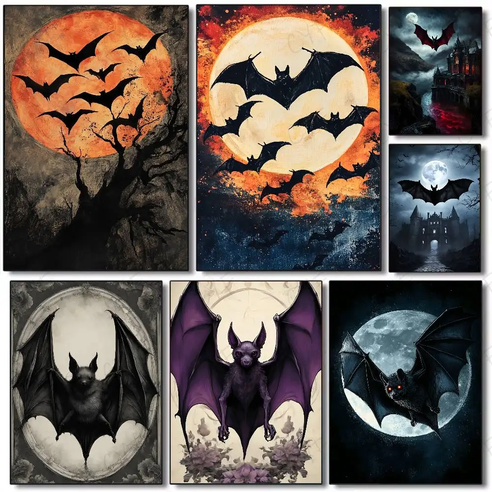 Halloween Fear Bats Poster Sticky Wall Art Printing Waterproof Home Living Bed Room Bar Aesthetic Decor