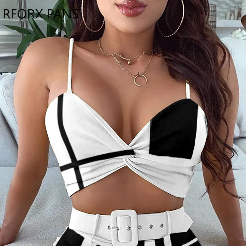 Colorblock Spaghetti Strap Twisted Top & Shorts Set Women Suit