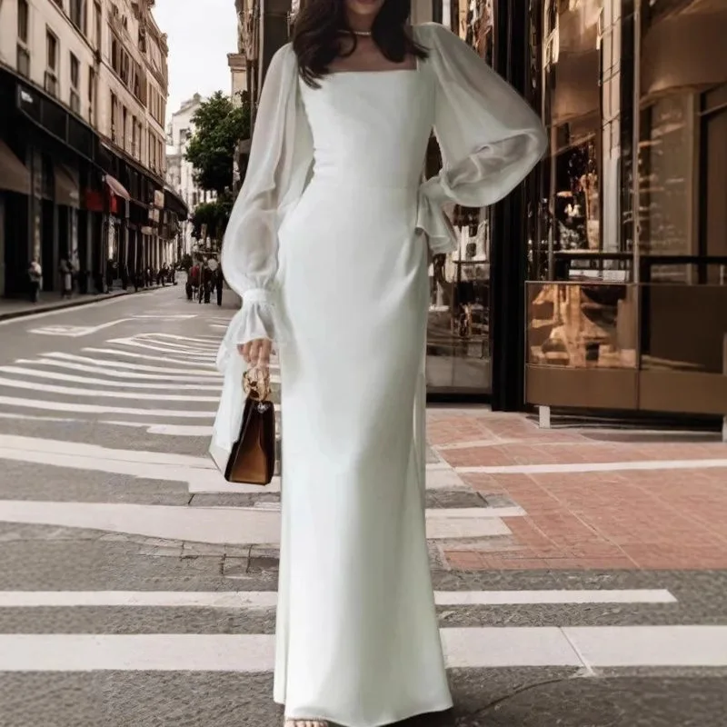 

2025 New Women's French Temperament Square Collar Stitching Mesh Micro-transparent Flared Sleeve Solid Color Fishtail Dress