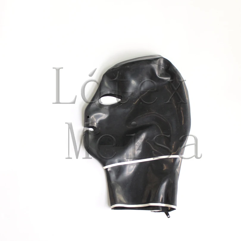 

Latex catsuit mask attached neck main in black and white trim color with back zip