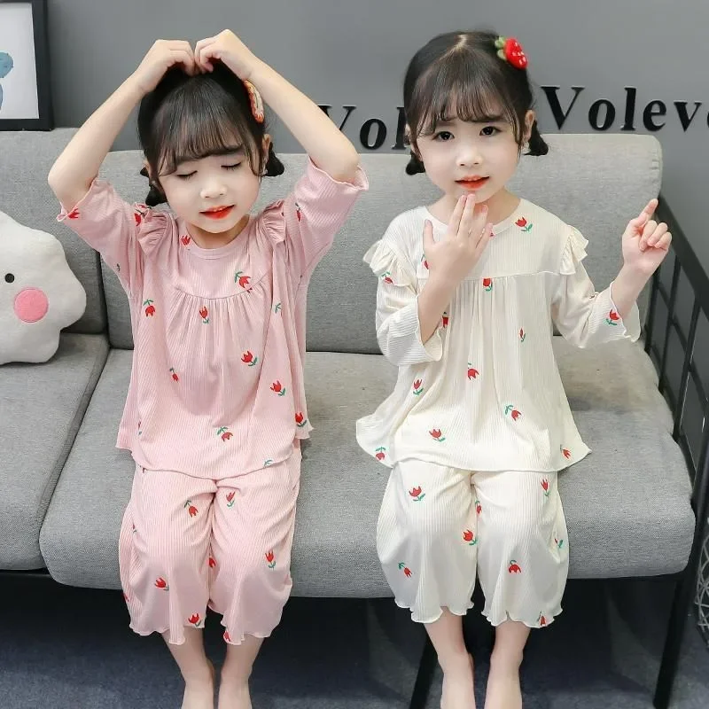 Summer Children's Pajama Sets for 1-9 Years Baby Girls Clothes Suit Cute Floral Ice Silk Kids Clothes Top+Pants Pajamas for Kids