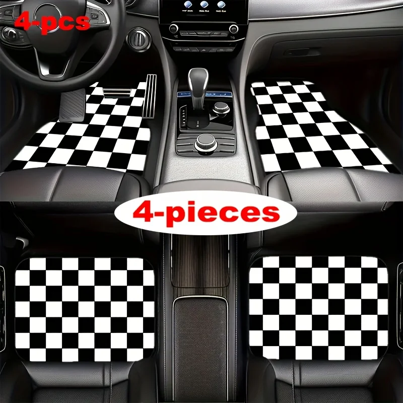 

4pcs Car Non-slip Floor Mats, Made Of Polyester Fiber, Easy To Clean And Non-slip Bottom Design Black And White Print Design Car