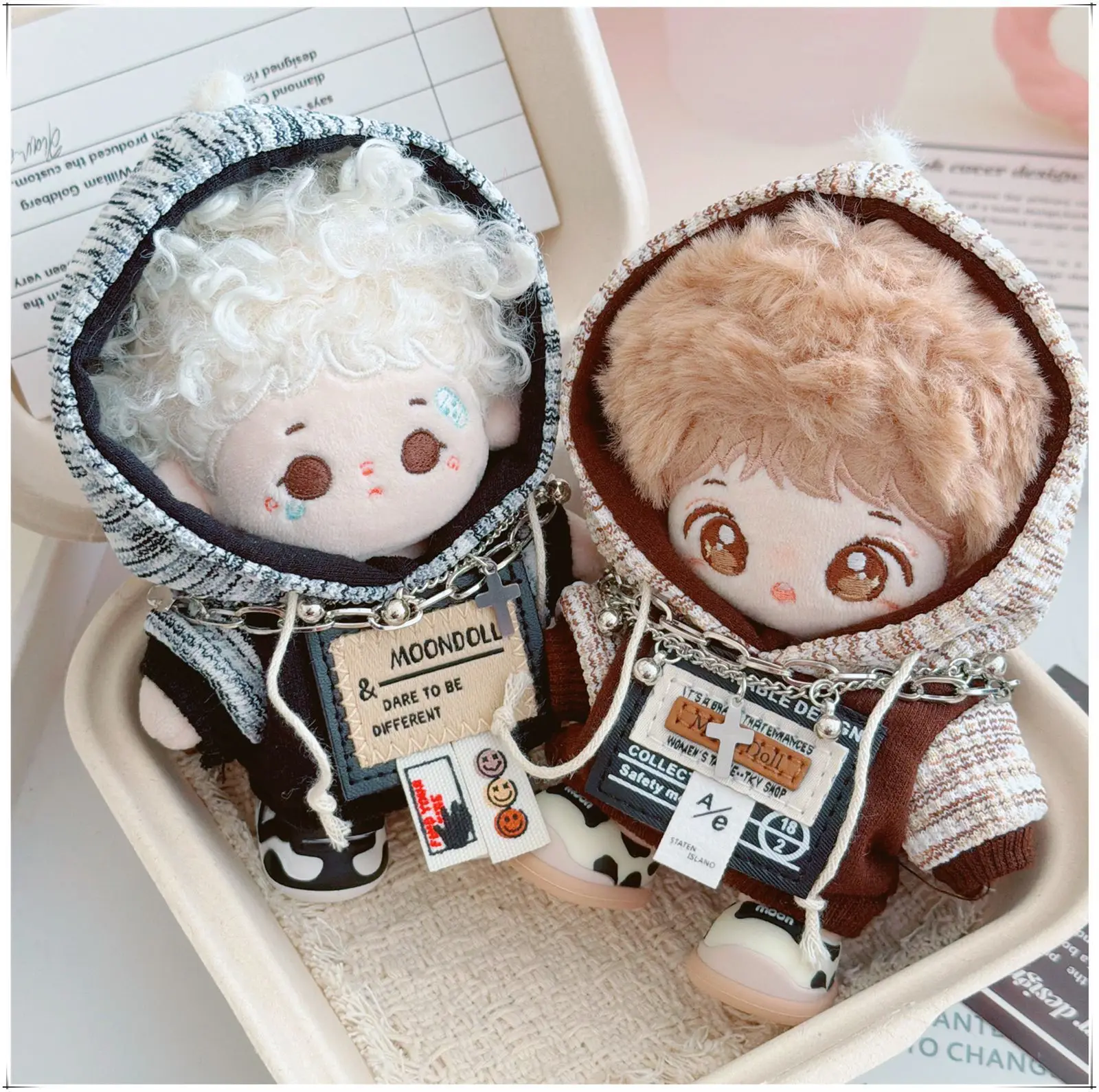 

10-15cm Kawaii Mini Idol Doll Clothes Cool Black Gray Coffee Hoodie Necklace Pants Set Plush Doll Accessories Toys Girls Gifts
