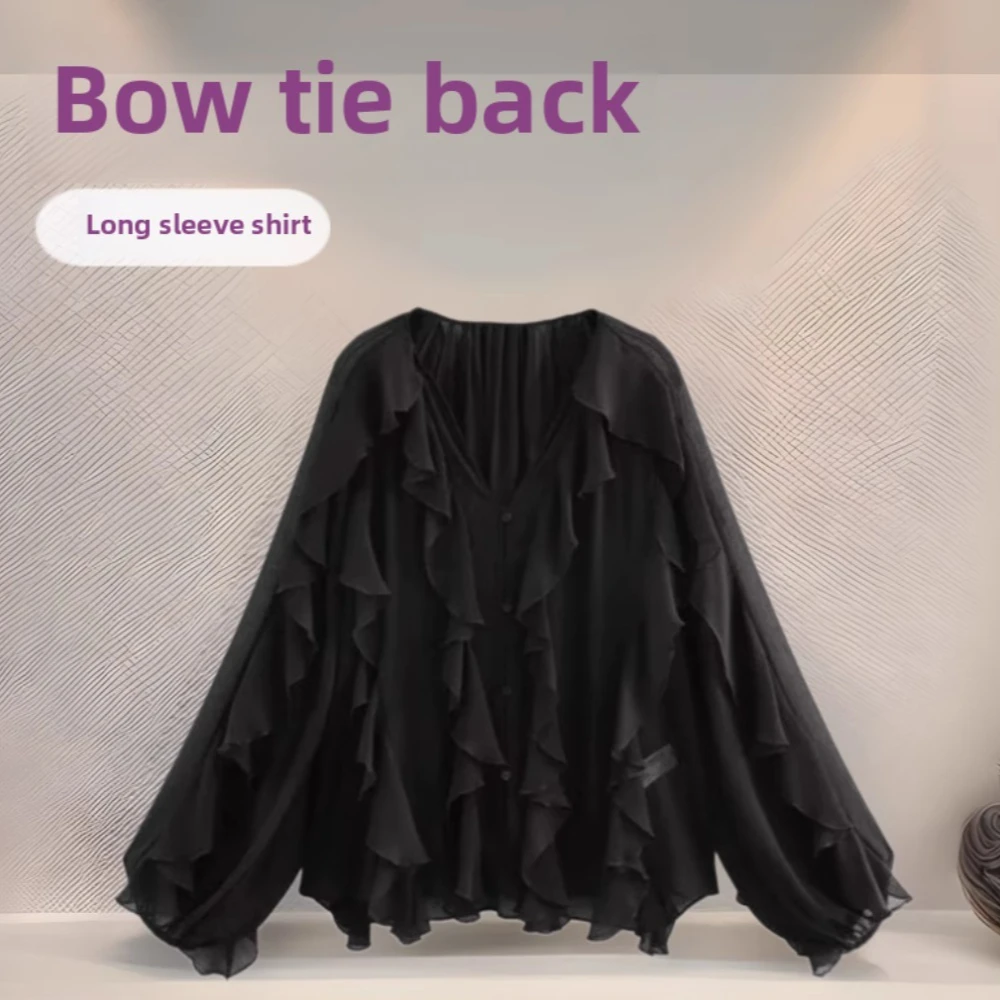 Casual Rüschen Hemd Frauen Lose Spitze Up Aushöhlen V-ausschnitt Tops Frühling Blusen Frauen Kleidung