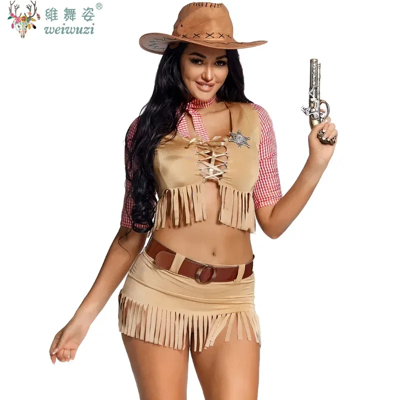 

Halloween Costume American Western Pioneer Cowboy Halloween Cosplay Costume Split Strap Fringed Chest-wrapped Miniskirt Fancy