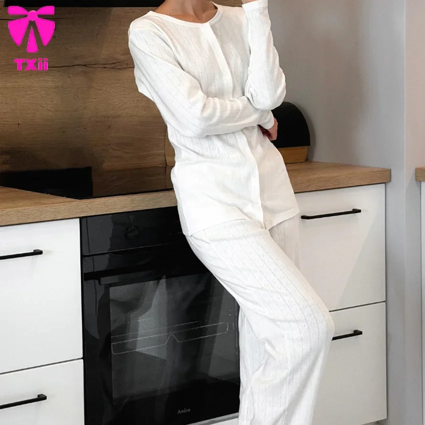 TXii 2024 New Knitted heart jacquard breathable pajamas long sleeved pants set skin friendly cardigan women's home clothes