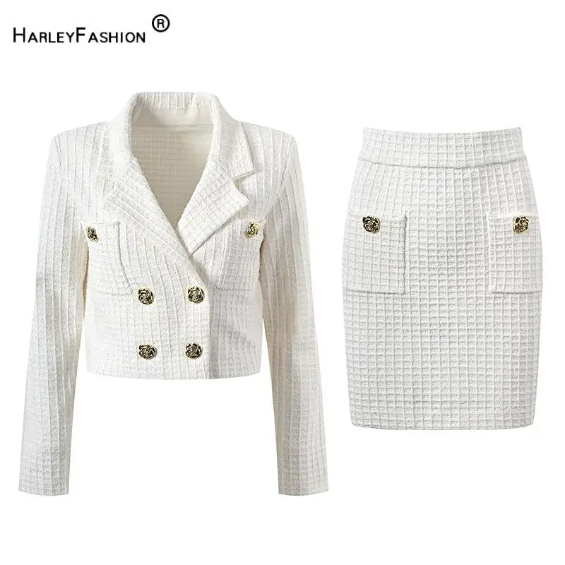 2024 Spring Delicacy Solid Vintage Tweed Lady Office Suit Double-breasted Short Length Blazer Slim Mini Skirt Women 2Pcs