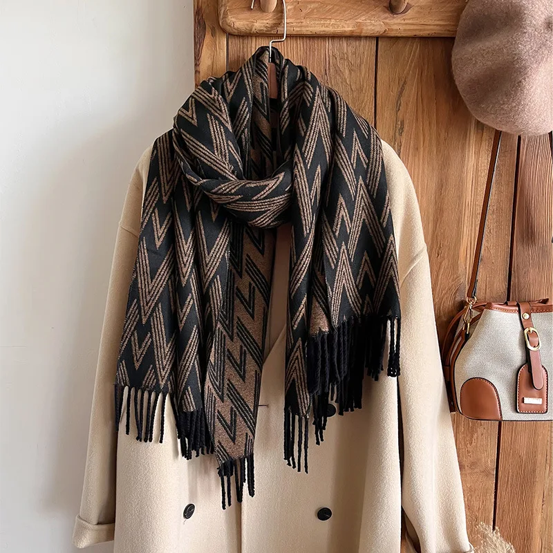 

Geometric pattern line textured core-spun yarn long tassel retro ethnic faux cashmere women's warm scarf
