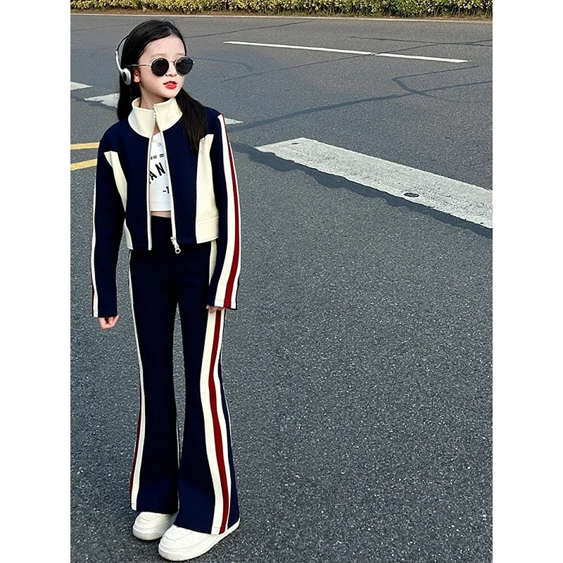 

Осенний комплект спортивной одежды для девочек-подростков, куртка на молнии + брюки-клеш, 2 шт., школьная одежда для младших детей, костюм, детская спортивная одежда, наряды 14