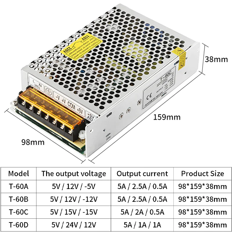 60W Triple Output Switching Power Supply  ac dc converter T-60A T-60B T-60C T-60D 5V 12V 15V -5V -12V -15V 24V Transformer SMPS