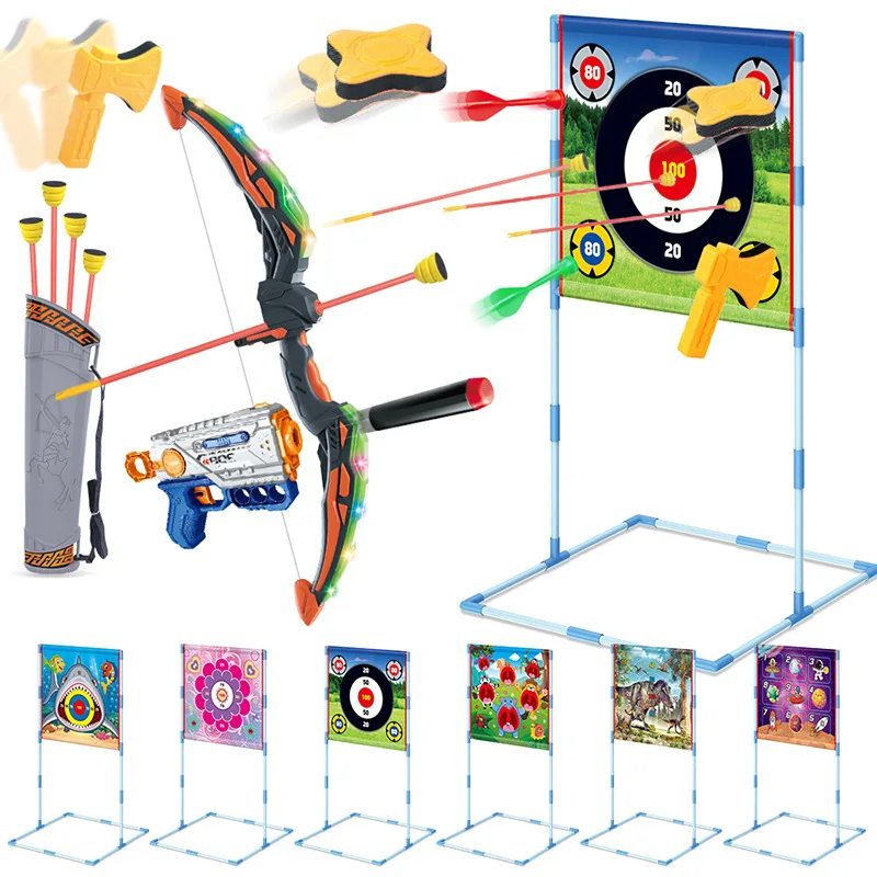 Conjunto de jogo de tiro 3 em 1: pistola de dardo macio e dardos de tiro com arco com placa de alvo brinquedos internos e externos para crianças meninos meninas