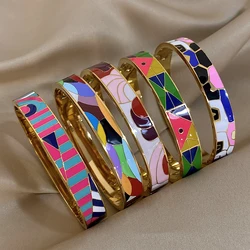 Unique Colorful Enamel Geometric Pattern Cuff Bracelet for Women Personality Gold Plated Stainless Steel Bangles Charm Jewelry