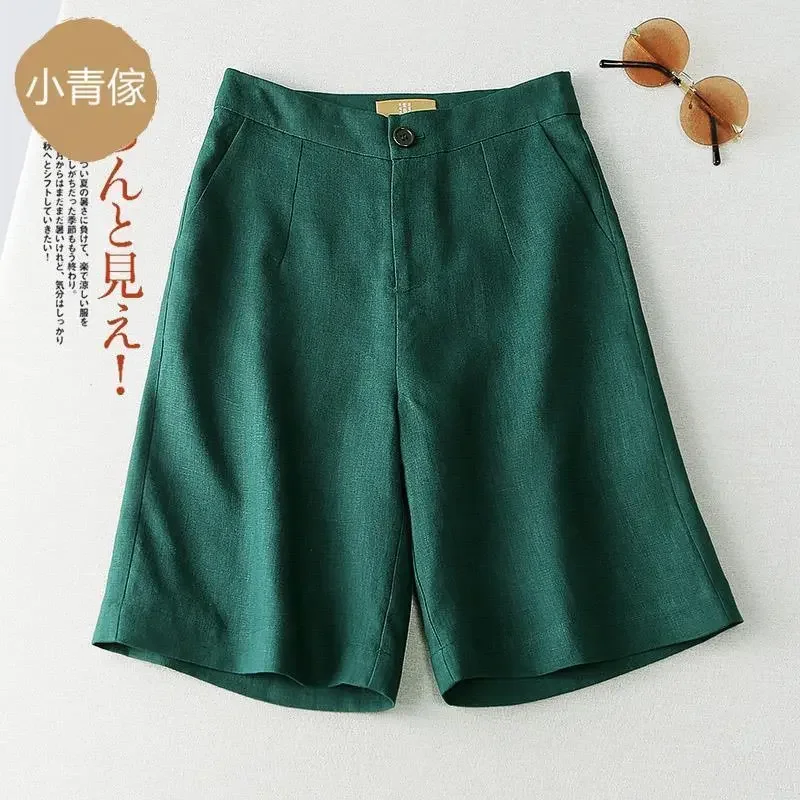 Women Summer Linen Cotton Blend Wide Leg Shorts Loose Straight Fit Five-Point Casual Mid Length Trousers for Daily Wear