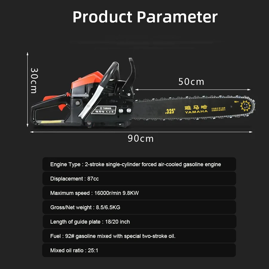 9800W High-Power Chainsaw Logging Saw 87CC 2-Stroke Petrol Gasoline Chain Saw Cutting Logging Chain Saws Power Tools