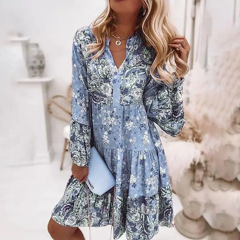 Women Floral Print Dress Oversize Elegant Pleated Long Sleeve Casual Dresses Female V Neck Loose Bohemian Beach Holiday Dresses