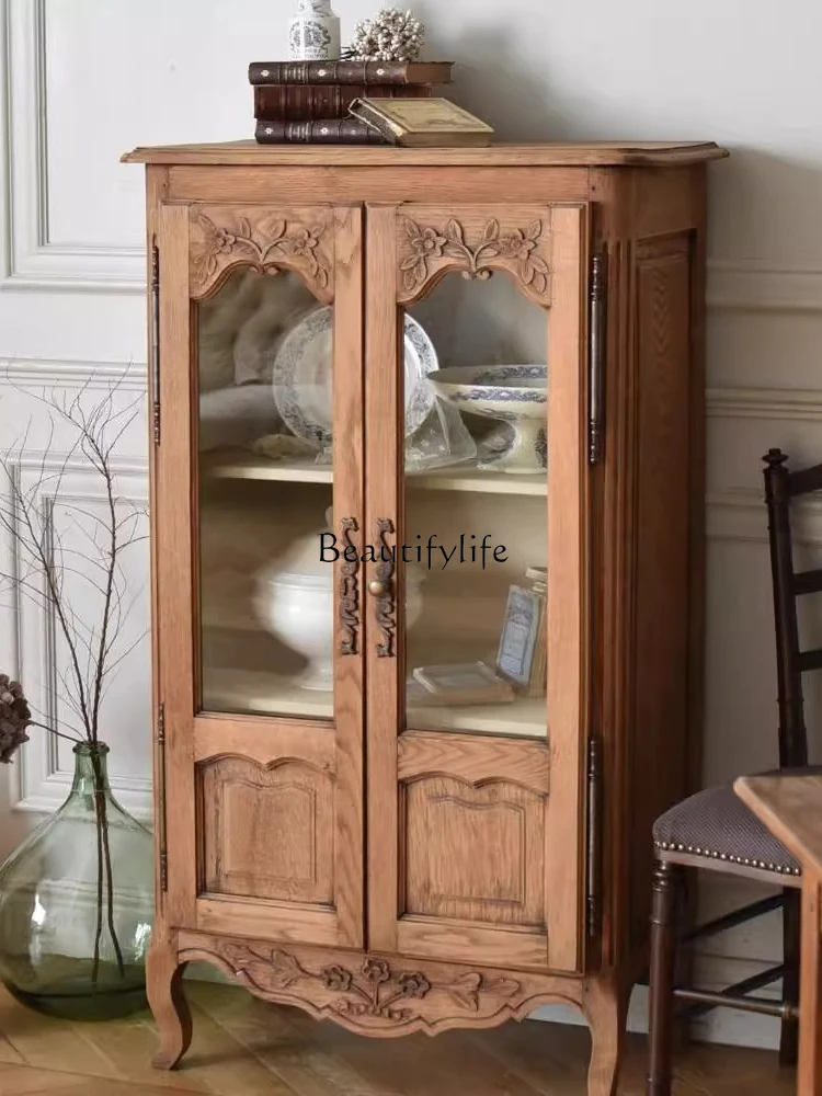 

yj7 American Style Solid Wood Wall Storage Cabinet Living Room American Vintage Glass Door Side Cabinet