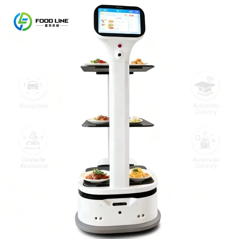 Intelligenter Lebensmittellieferroboter für Restauranthotels mit stabilem mehrschichtigem Tablett, autonome Navigation, selbstladender Service-Bot