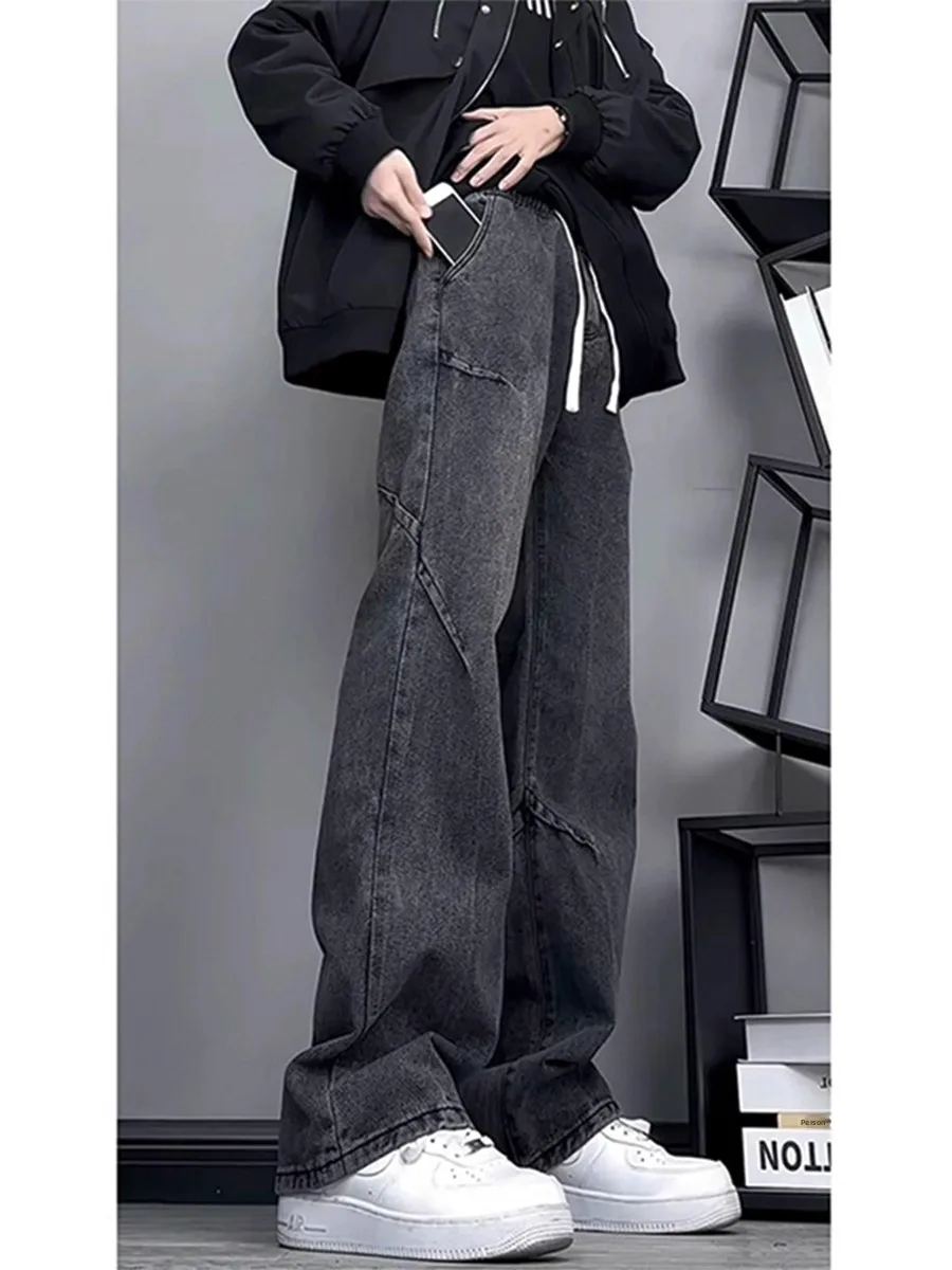

High Waist Elastic Denim Jeans Men's Autumn Winter Straight Leg Pants Trendy Youthful Straight Cut Trousers for Teens