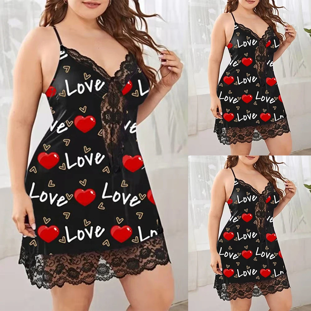 Plus Size XL-5XL Sexy Women\'s Slip Dress Summer Nightwear Sexy Imitation Silk Printed Suspender Lace Sexy Pajama Dress Nightgown