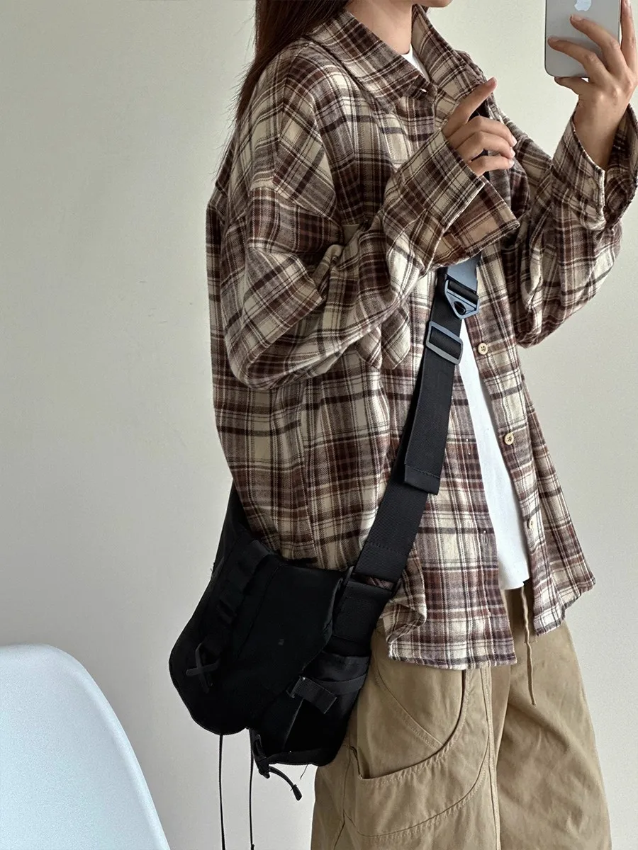 

Retro Waed Cotton irt Long Sve Plaid Outerwear Loose Casual ex Autumn Spring Coffee Color Layering Men's Women's