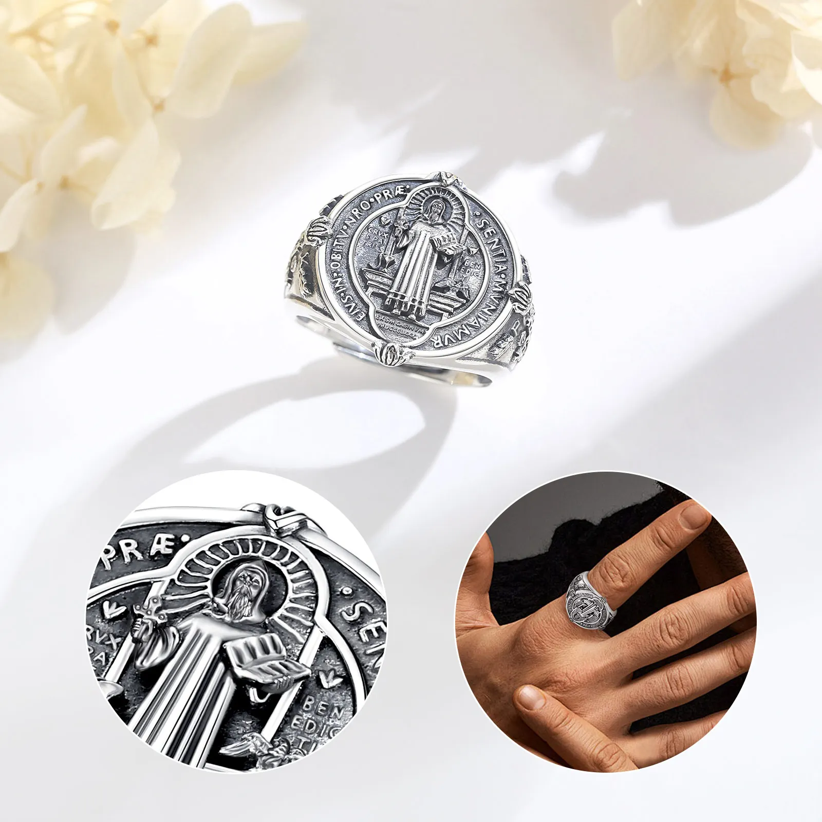 Eudora 925 Sterling Silver Saint Benedict Ring San Benito Medal Adjustable Ring Catholic Jewelry Religious Gift for Men Women
