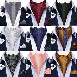 Men's Ascot Tie Silver Plaid Red Paisley Pink Golden Color Solid Neck Tie Set with Handkerchief Cufflinks Wedding Party Gift