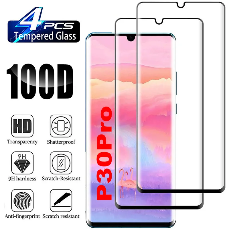 

9H Curved Four Sides Glue Tempered Glass Film For Huawei P30 Pro 2/4Pcs Screen Protector Glass