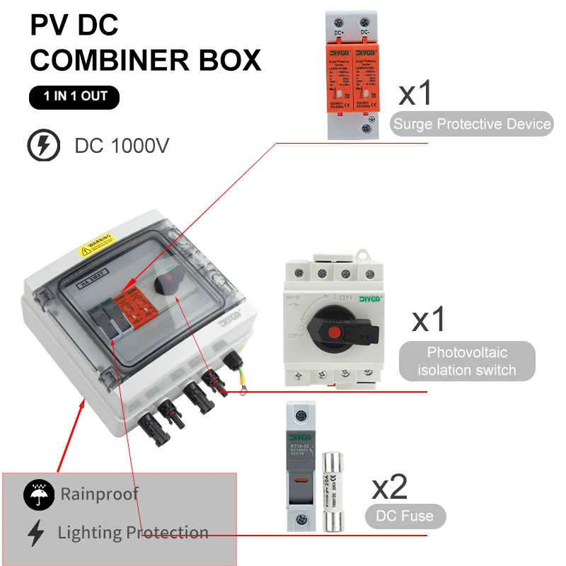 

DC 1000V 1 Into 1 Out PV Lighting Protection Box Efficient Power Transfer Fuse MCB With Surge SPD Waterproof Dustproof Case IP65