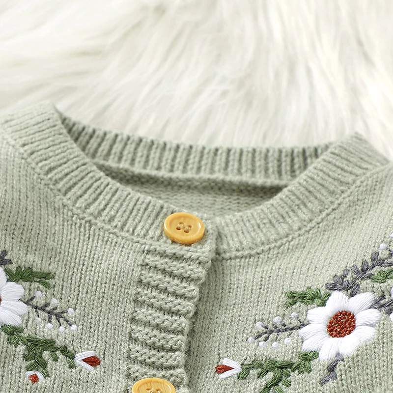 Autumn Winter Newborn Baby Rompers Knitted Green Floral Embroideried Infant Boys Girls Full Sleeves Jumpsuits Playsuit One Piece