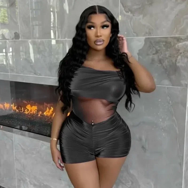 

Women Sexy See Through Mesh Patchwork Ruched Skinny Playsuits Slash Neck Off Shoulder Short Sleeve Peach Hips Night Club Rompers