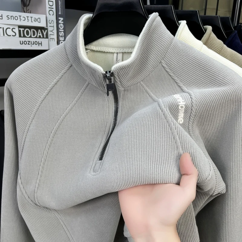 

luxury men's new autumn high quality hoodie mock neck zipper lint thicken t-shirt leisure business men's clothing tops