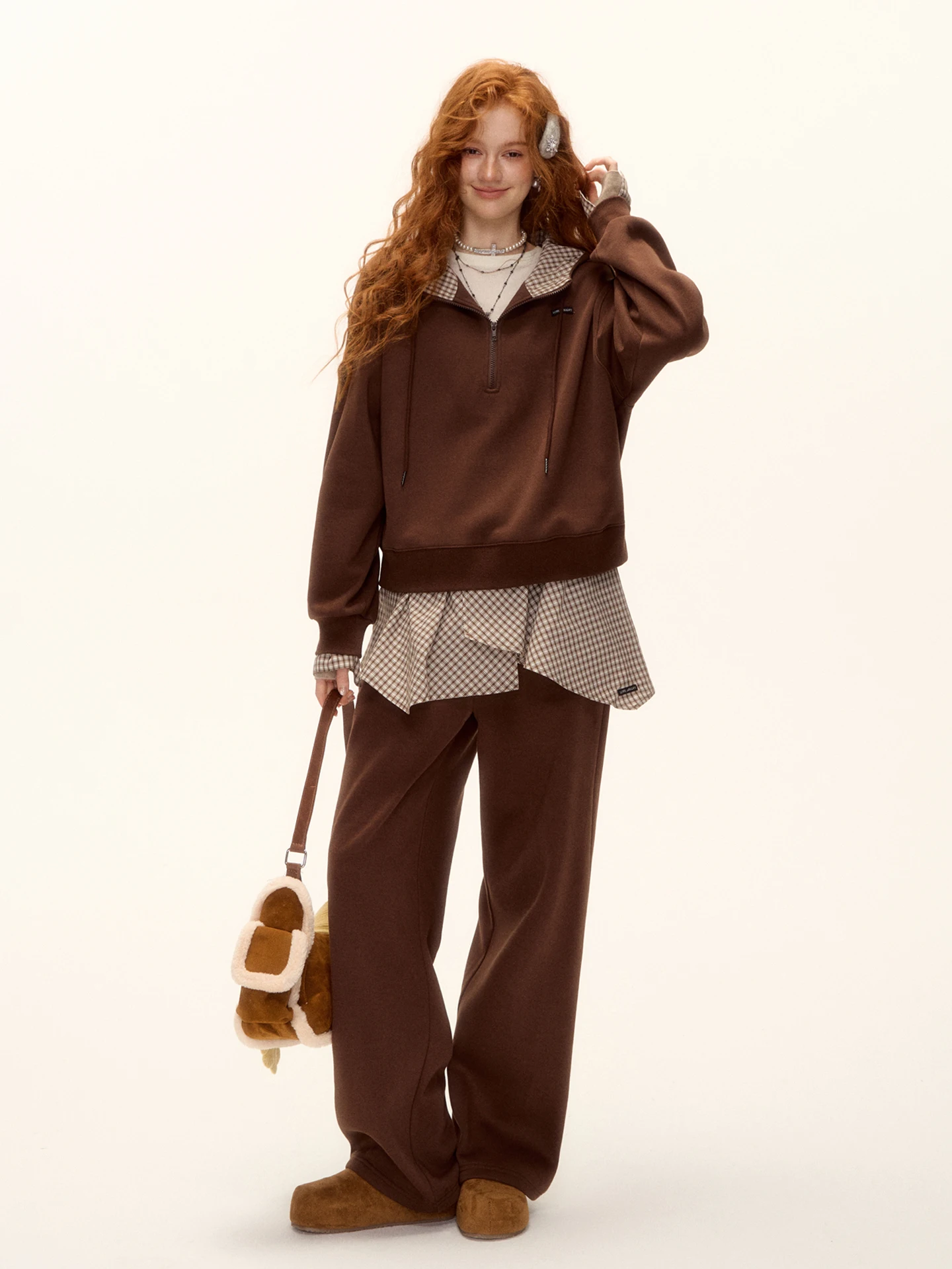 

AsGony College Sle Fce Lined Hooded Sweatirt And Elastic Waist Wide Leg Pants Set Women's Faion Autumn Winter Outfit