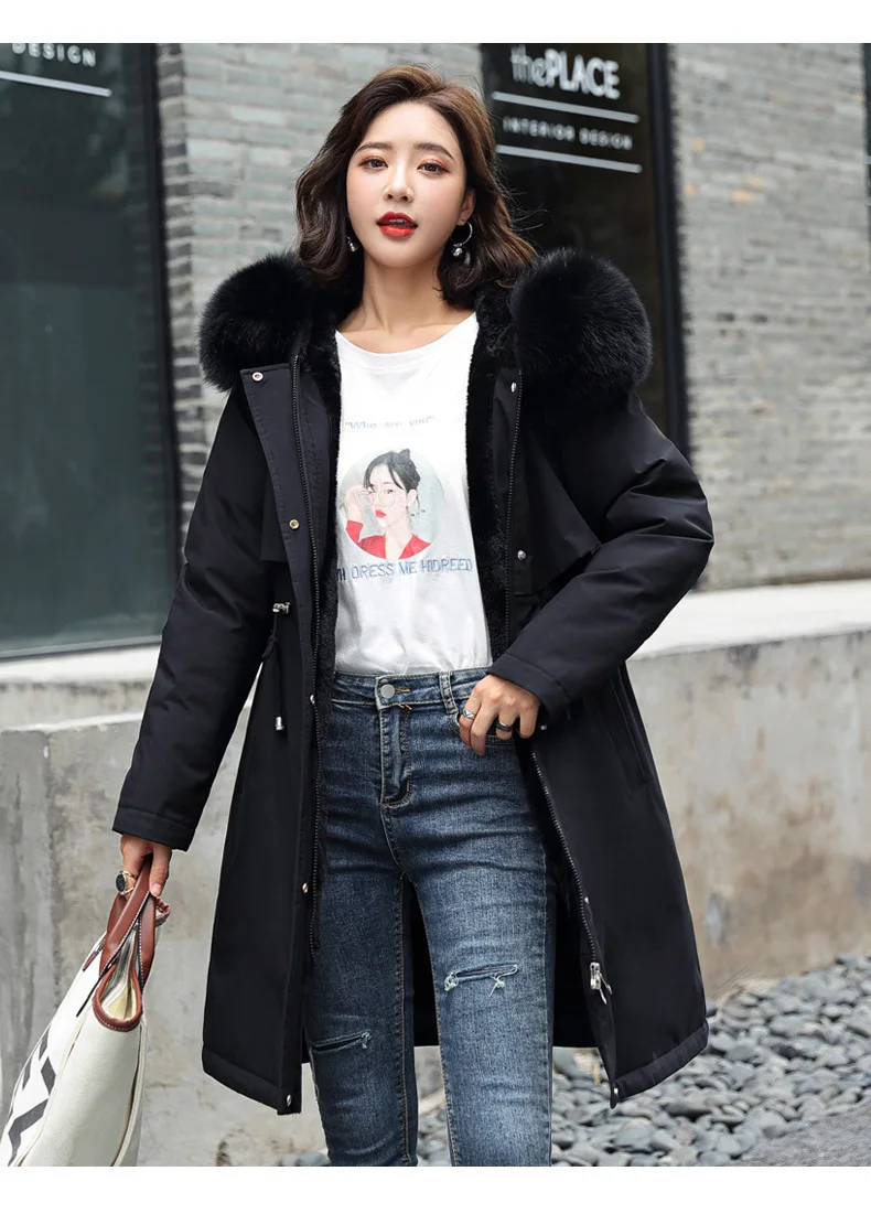 Parkas Jacket Women Cotton Coat Winter Mid Length Outerwear Fur Collar Plush Liner Hooded Drawstring Thick Windproof Office Lady