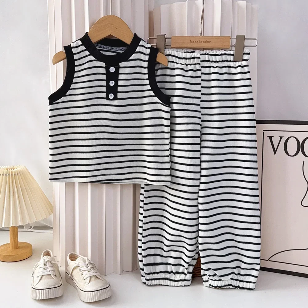 3-7-歳の夏ノースリーブ子供服女の子カジュアルスポーツスーツイースターストライププリントベスト-パンツベーシックシンプルな-2-点セット