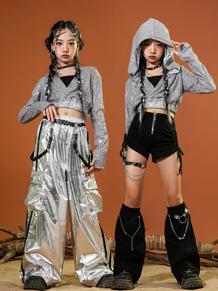 Kinder Hip Hop Street Kleidung Silber Pailletten Jacke Schwarz Reißverschluss Shorts Silber Hosen für Mädchen Streetwear Jazz Dance Kleidung