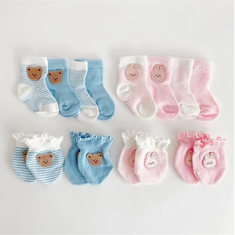 4pairs/Set Baby Newborn Socks Gloves Anti-Scratch Breathable Elasticity Face Protection Mittens New Birth Infant Gift Bunny Bear