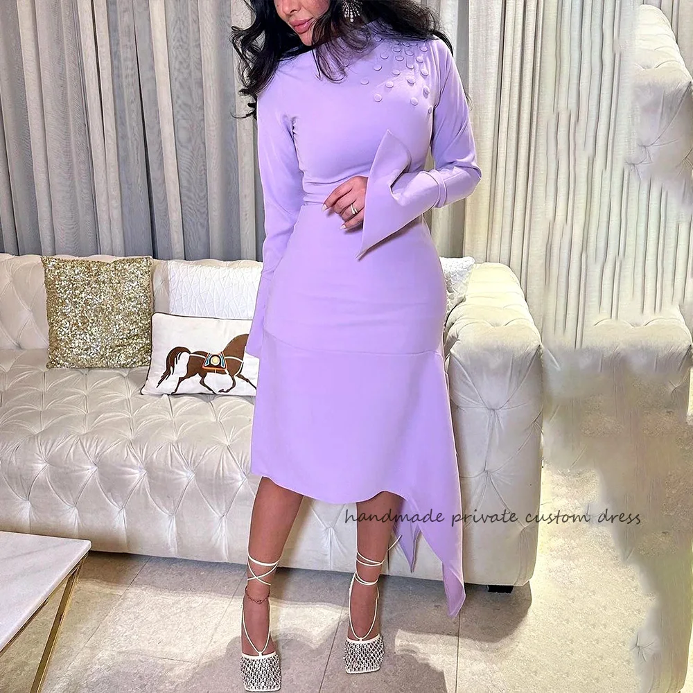 

Lavender Mermaid Saudi Arabic Evening Dresses Long Sleeve Buttons Spandex Satin Dubai Prom Party Gowns Tea Length Formal Dress