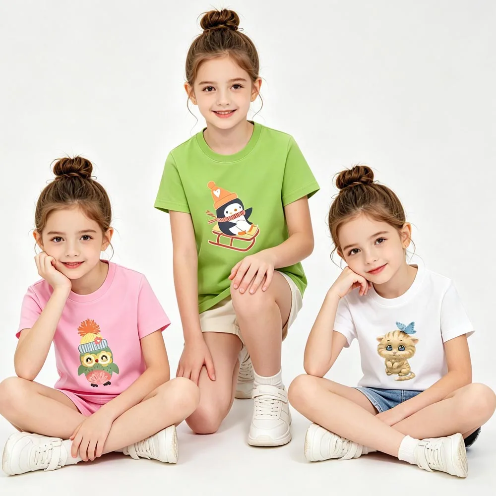 1 to 14 Years Funny Cartoon Kids Tshirts Summer 100% Cotton Girls T Shirts Cats Pink Green White T Shirt Little Girl Clothing