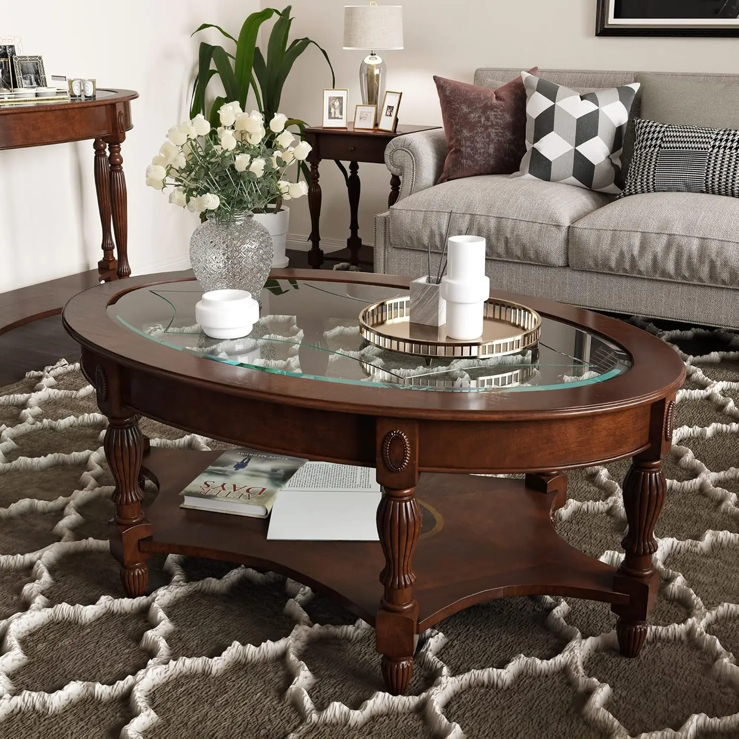 Mesa de centro tradicional de madeira maciça com tampo de vidro temperado, mesa de coquetel oval com prateleira de armazenamento para sala de estar, escritório nogueira